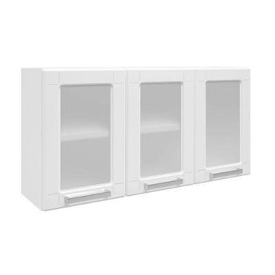 Armário Aéreo de Cozinha Múltipla 105CM 3 Portas Aço Vidro Branco Bertolini