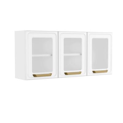 Armário Aéreo de Cozinha Bella 7009 120CM 3 Portas Aço Vidro Branco