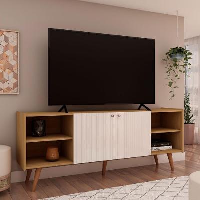 Rack para Sala 160CM Portas Frisadas 100% MDF Cinamomo com White Laca Frisado