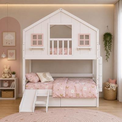 Cama Infantil Solteiro Casinha dos Sonhos com Varanda Kit Escorregador Madeira Maciça Branco e Rosa