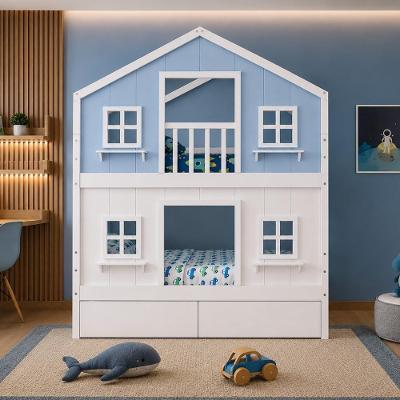 Cama Infantil Solteiro Casinha dos Sonhos com Gavetas Madeira Maciça Branco Azul Housin