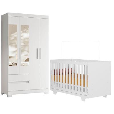 Berço Convencional Nacional Life 2217 com Guarda Roupa Olimpia com Espelho MDF Branco Flex Albatroz