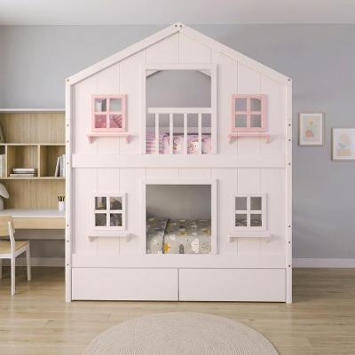 Beliche Infantil Solteiro Casinha dos Sonhos com Gavetas Madeira Maciça Branco Rosa Housin