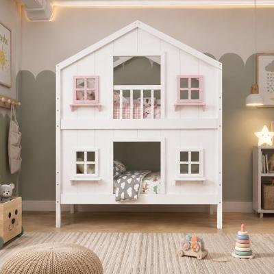 Beliche Infantil Solteiro Casinha dos Sonhos Madeira Maciça Branco Rosa Housin