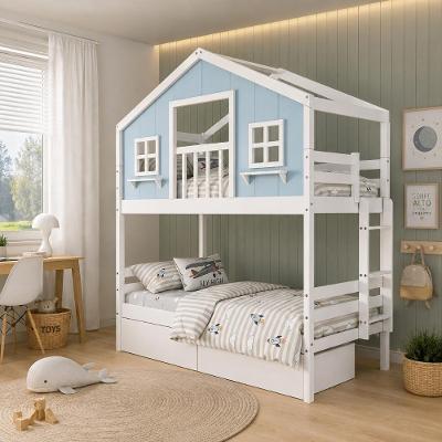 Beliche Solteiro Casinha dos Sonhos Varanda Madeira Maciça Branco e Azul Housin