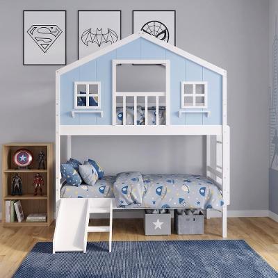 Beliche Infantil Solteiro Casinha dos Sonhos com Varanda Madeira Maciça Branco Azul Housin