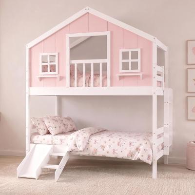 Beliche Infantil Solteiro Casinha dos Sonhos com Varanda e Kit Escorregador Madeira Maciça Rosa