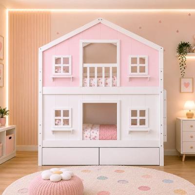Beliche Infantil Solteiro Casinha dos Sonhos com Gavetas Madeira Maciça Rosa Branco Housin