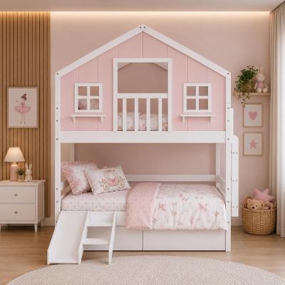 Beliche Solteiro Casinha dos Sonhos com Varanda Escorregador 02 Gavetas Madeira Maciça Rosa Branco