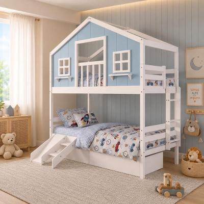 Beliche Solteiro Casinha dos Sonhos com Varanda 02 Gavetas Kit Escorregador Madeira Maciça Branco