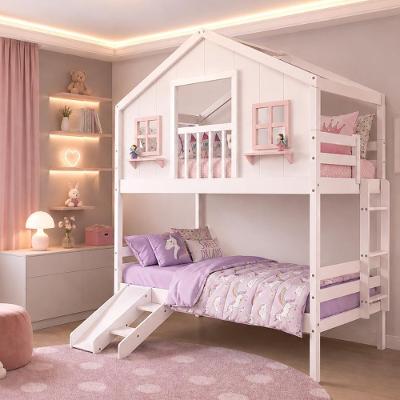 Beliche Infantil Solteiro Casinha dos Sonhos com Varanda Kit Escorregador Madeira Maciça Branco Rosa
