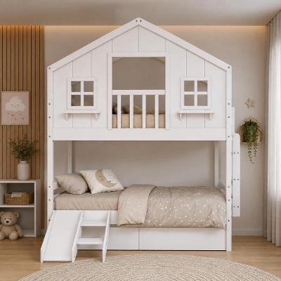 Beliche Casinha dos Sonhos com Varanda 02 Gavetas Kit Escorregador Madeira Maciça Branco Housin