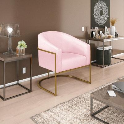 Poltrona Decorativa Luiza Base De Ferro Dourado Suede Rosa Bebê