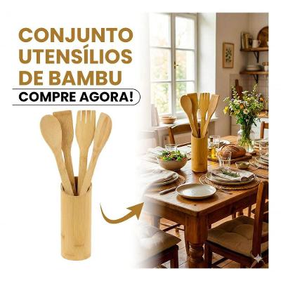 Conjunto Talheres Bambu 5 Peças Madeira de Bambu para Cozinha