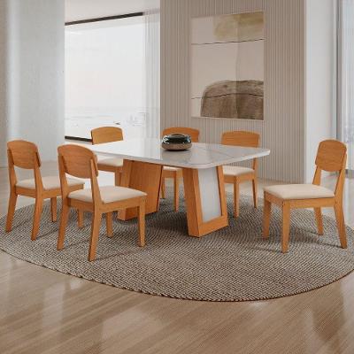 Conjunto de Jantar Carolina 6 Lugares Tampo MDF com Vidro Cadeiras Copper Estofadas Off White