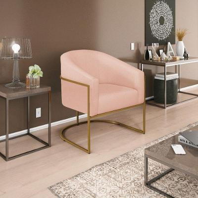 Poltrona Decorativa Luiza Base De Ferro Dourado Suede Rosê
