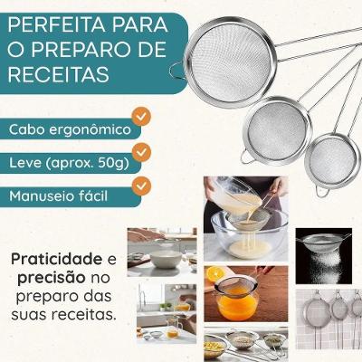 Kit Peneiras Manuais para Cozinha Kit 03 Coador Aço Inoxidável Malha Fina Uso Doméstico