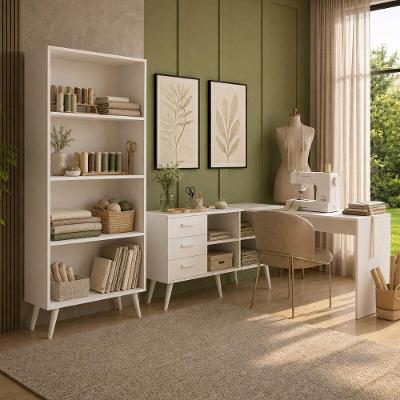 Kit Mesa de Costura 3 Gavetas 4 Nichos Multimóveis com Estante Retrô Branco