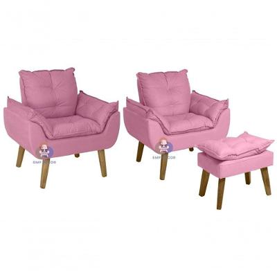 Kit 02 Poltrona Decorativa com Puff Glamour Opala Suede Fibra Siliconada Rosê SMF Decor