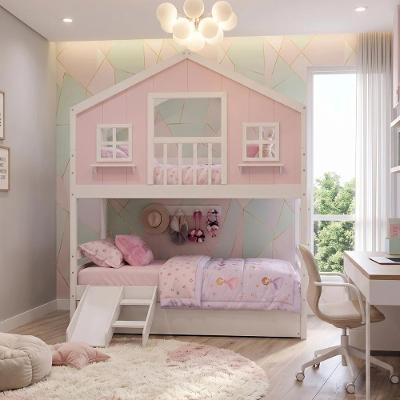 Treliche Casinha dos Sonhos com Varanda e Kit Escorregador Madeira Maciça Rosa Branco Housin