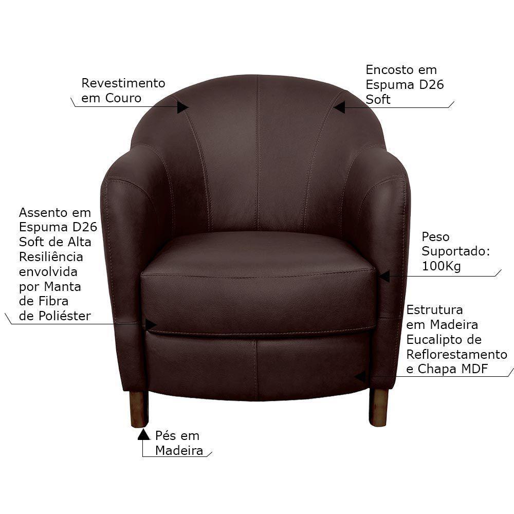Poltrona Decorativa Sala de Estar Pés Madeira Kairós Couro Chocolate Gran Belo - 8
