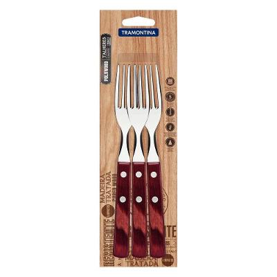 Conjunto de Garfos para Churrasco Polywood Aço Inox Madeira Tratada Cabo Vermelho 3 Peças Tramontina