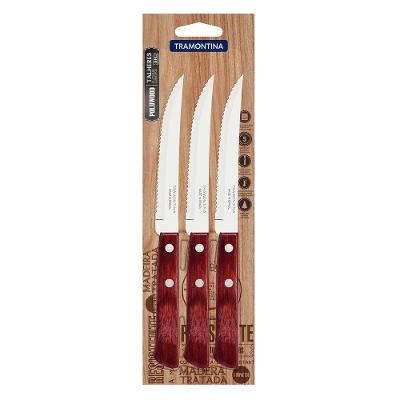 Conjunto de Facas para Churrasco Polywood Aço Inox Cabo Madeira Tratada Vermelho 3 Peças Tramontina