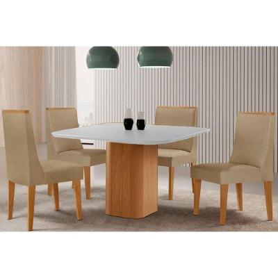 Conjunto Mesa Jantar Maldivas 4 Lugares Tampo MDF Vidro Cadeiras Dakota Estofadas Natural Bege 90x90