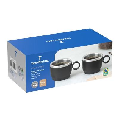 Conjunto de Xícaras para Café Empilháveis Aço Inox e Abs Preto Isolante Térmico 2 Peças 80ML