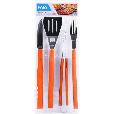 Conjunto Churrasco 199060 Aço Inox Cabo Madeira Utensílios para Carnes Kala 4 Peças