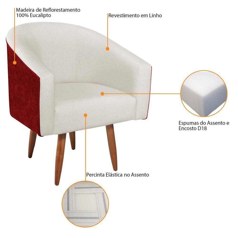 Poltrona Luiza Pés Palito Factor Vermelho E Linho Cor Bege - 3