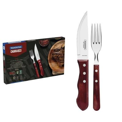 Jogo de Talheres para Churrasco Jumbo Aço Inox Madeira Polywood Cabo Vermelho 12 Peças Tramontina