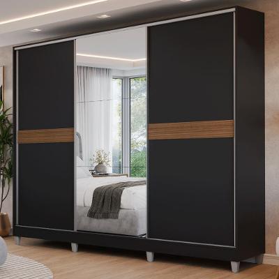 Guarda Roupa Casal Malta 3 Portas Correr 4 Gavetas MDF com Pés Espelho Preto 231CM Madesa