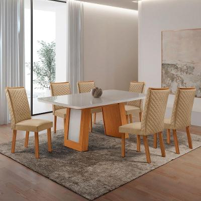 Mesa de Jantar Carolina 6 Lugares Tampo MDF Vidro Cadeiras Lira Off White 180CM Moderna