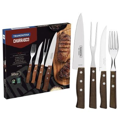 Jogo de Talheres para Churrasco 14 Peças Aço Inox Madeira Natural