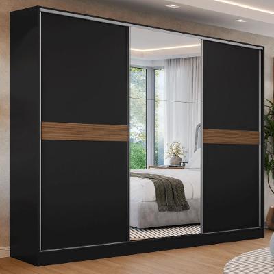Guarda Roupa Casal Malta 3 Portas de Correr 4 Gavetas MDF Preto Madesa
