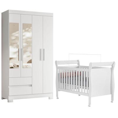 Kit Berço Americano Slim com Guarda Roupa Olimpia com Espelho MDF Branco Albatroz Móveis