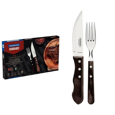 Jogo de Talheres para Churrasco Jumbo Polywood Aço Inox Madeira Tratada Resistente Castanho