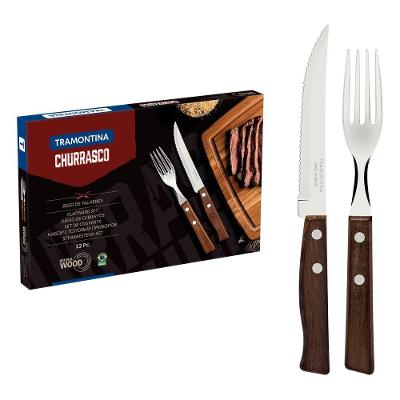 Jogo de Talheres 12 Peças Aço Inox Madeira Natural Churrasco Tramontina
