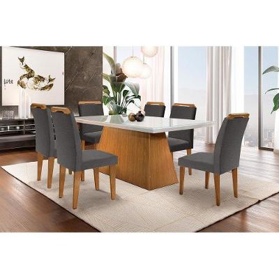 Conjunto Sala de Jantar Luna 6 Lugares Tampo Madeirado com Vidro 180CM Imbuia Grafite Móveis Rufato