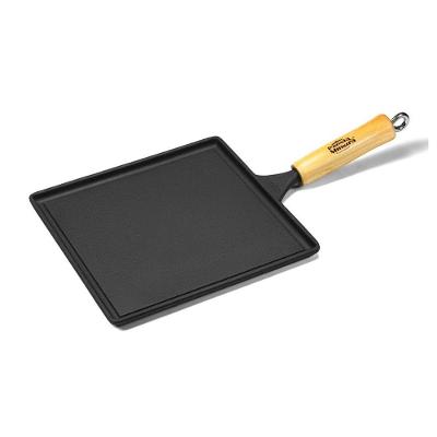 Frigideira Quadrada Lisa Ferro Fundido Revestimento Esmaltado 26x26cm Cabo Madeira Cinza Panela