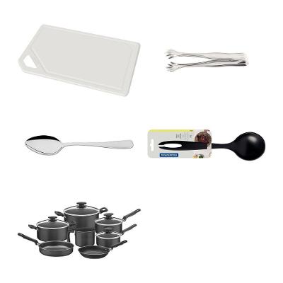 Kit Cozinha Dia a Dia com Panelas e Concha e Colher e Pegador e Tábua em Alumínio e Aço Inox e Nylon