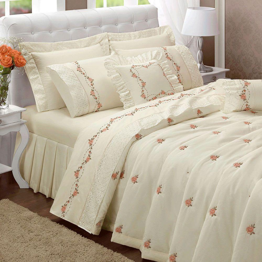 Kit Cobre Leito Bristol Queen Percal Bordado 180 Fios C/ Jogo Lençol 10 Peças - Palha Floral - 4