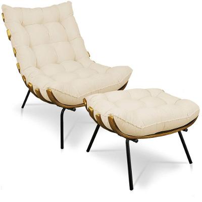 Kit 01 Poltrona E 01 Puff Costela Linho Areia A27 Base De Metal - D'Rossi