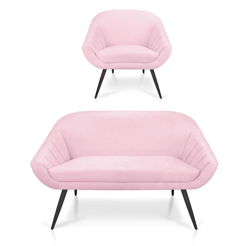 Kit 01 Namoradeira 02 Lugares e 01 Poltrona Giovana Suede Rosa Bebê de Ferro - 1