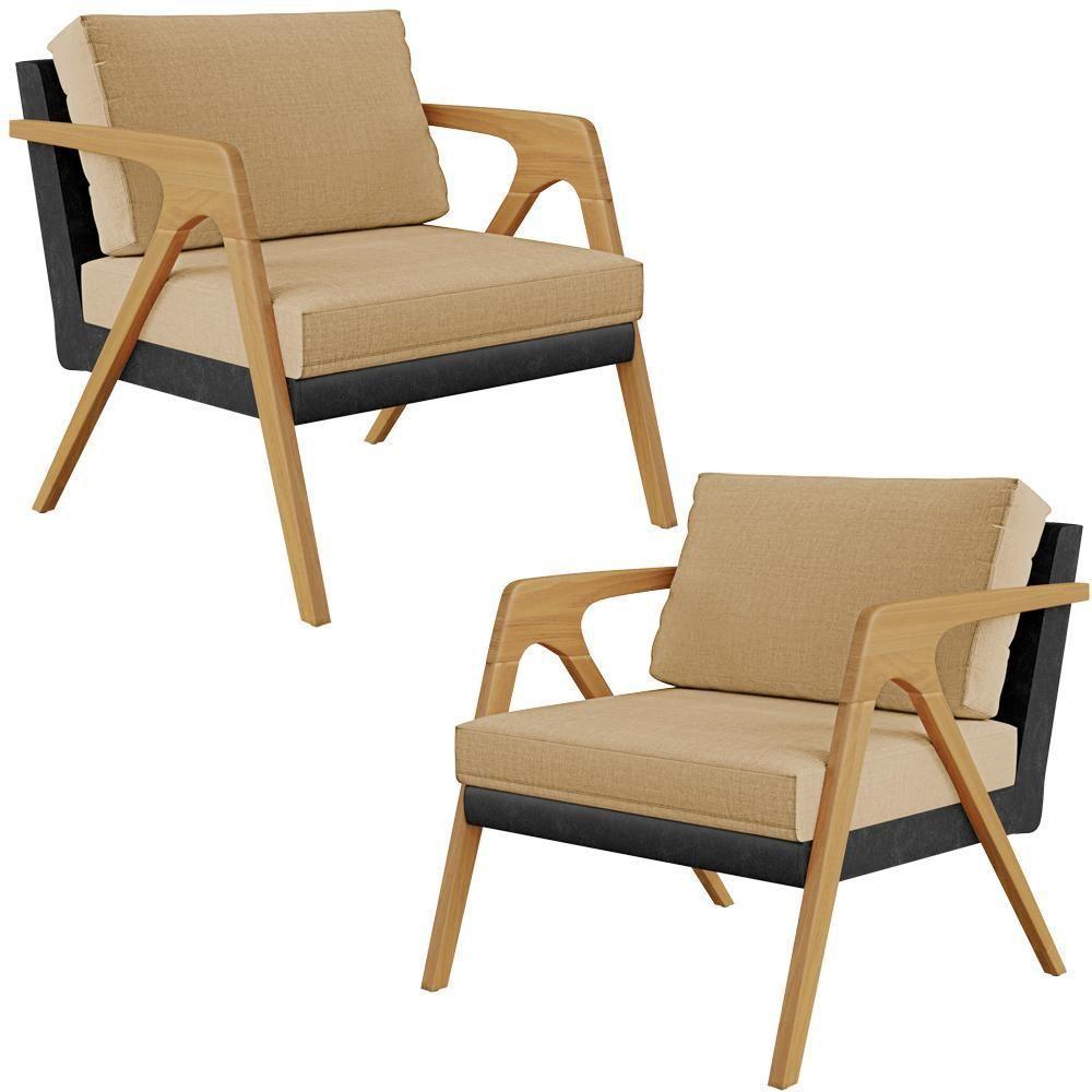 Kit 02 Poltronas Sala L02 Couríssimo Preto Linho Bege Escuro - 1