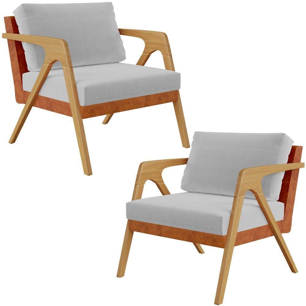 Kit 02 Poltronas Sala L02 Couríssimo Camel Linho Cinza - 1