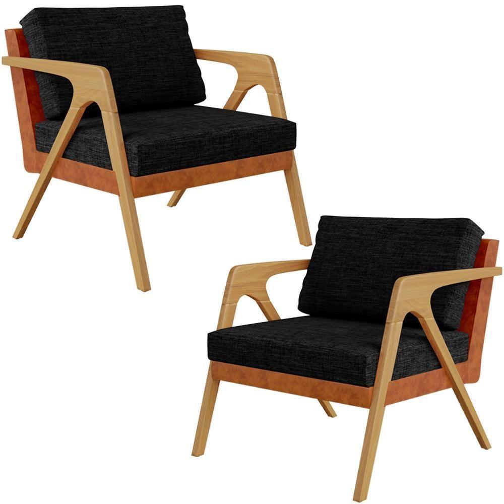 Kit 02 Poltronas Sala L02 Couríssimo Camel Linho Chumbo - 1