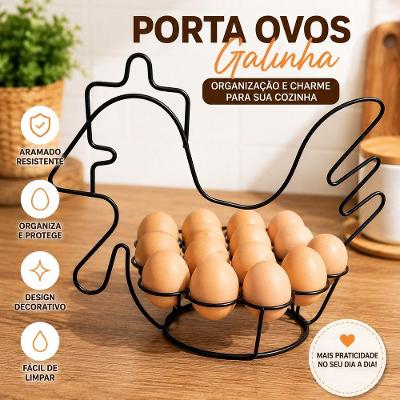 Porta Ovos em Formato de Galinha Organizador Aramado Metálico para Cozinha Preta