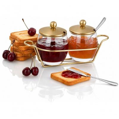 Kit para Servir Geléia Molhos Andrea Inox e Vidro com Aramado para Mesa Café da Manhã Dourado Forma